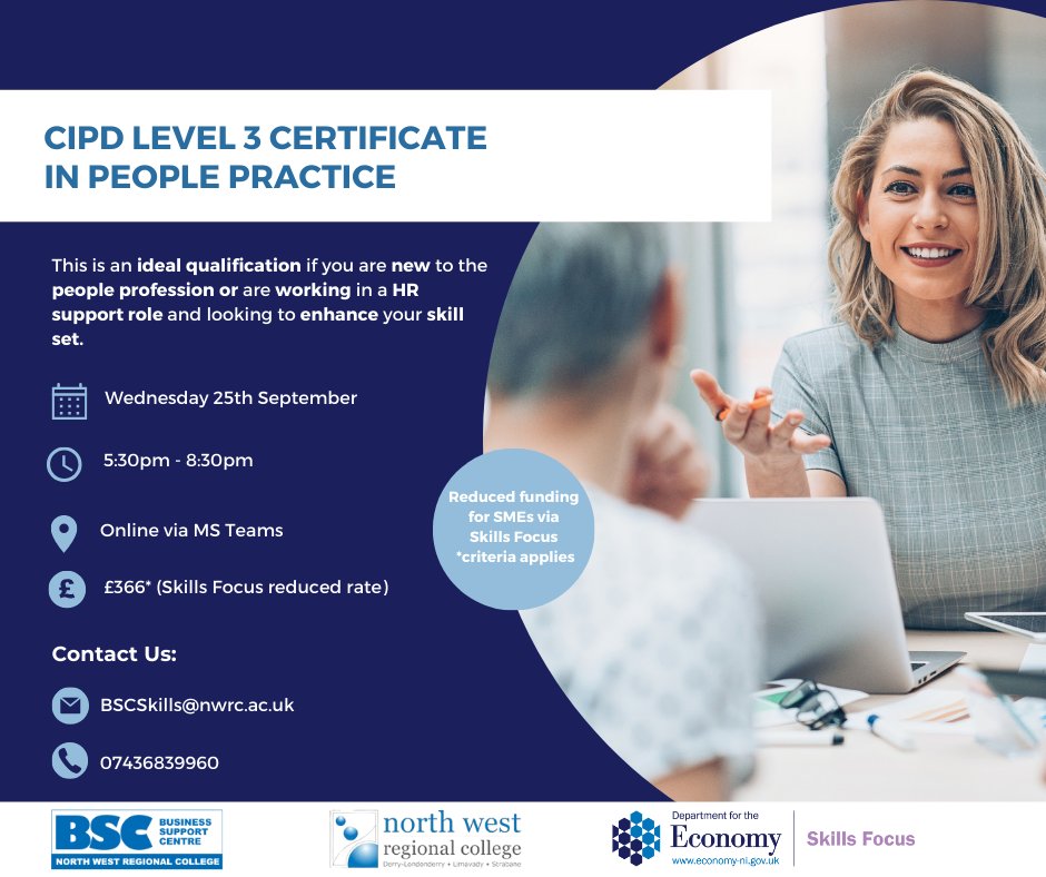 We have limited places available on our CIPD Level 3 People Practice course @mynwrc❗

If you are a SME or Social Enterprise you may be eligible for 𝐑𝐄𝐃𝐔𝐂𝐄𝐃 funding ✅

To register your interest, contact Clare McLaughlin on 📲 07436839960 or email 📧BSCSkills@nwrc.ac.uk.