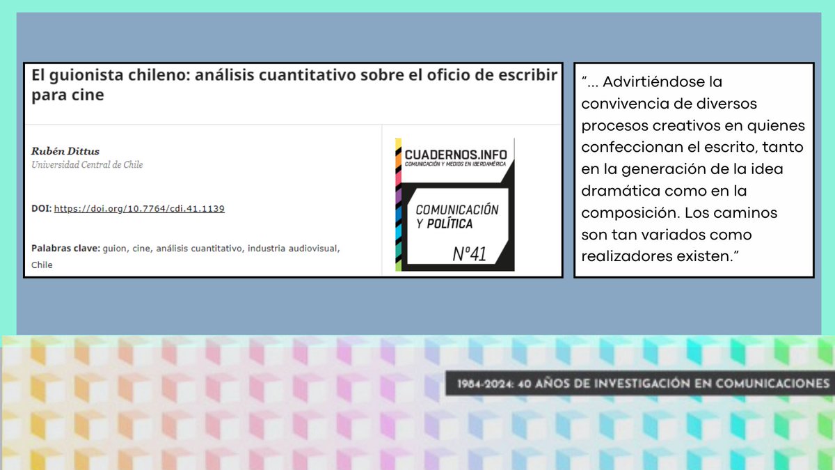Son días de #cine 📽️🎞️en Santiago con <a href="/sanfic/">📽️SANFIC21</a> celebrando 20 años 👏👏.
☑️El rol del guionista en la industria audiovisual nacional es el tema de este artículo que te recomendamos hoy 👉 cuadernos.info/index.php/cdi/…
#academia #comunicaciones #revistascientificas