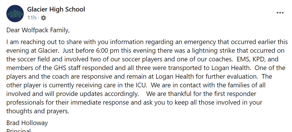 Two student-athletes and one coach were struck by lightning in Montana yesterday. 

It's still lightning season, so keep #LightningSafety in mind with any outdoor activity!