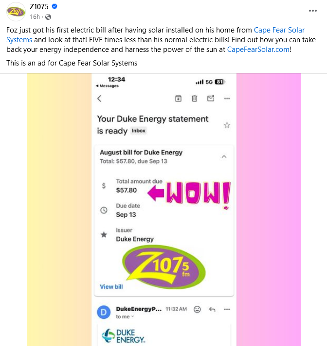 CapeFearSolar's tweet image. Congrats Foz--this is what we love to see!!! When you have the potential for your electric bill to be 5x less, going solar just makes sense! Give us a call at (910) 409-5533 to see how much solar could be saving you each month.

#SolarSpotlight #EnergySavings #Utilities