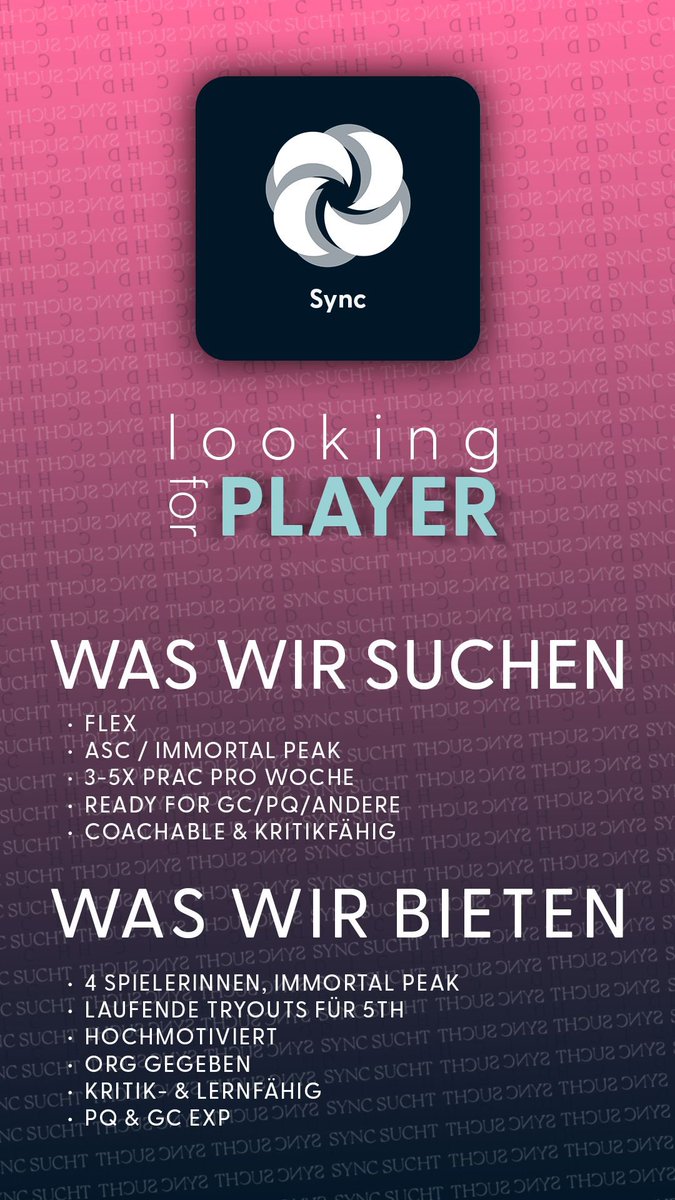 Wir suchen eine 5. Spielerin, die uns als Recon/Flex in der 2. Div bereichern möchte. 🩷

Du hast Interesse? 
Dann meld dich per DM hier oder im Discord bei „Hausfrausara“

Wir freuen uns darauf, dich kennenzulernen! 😊