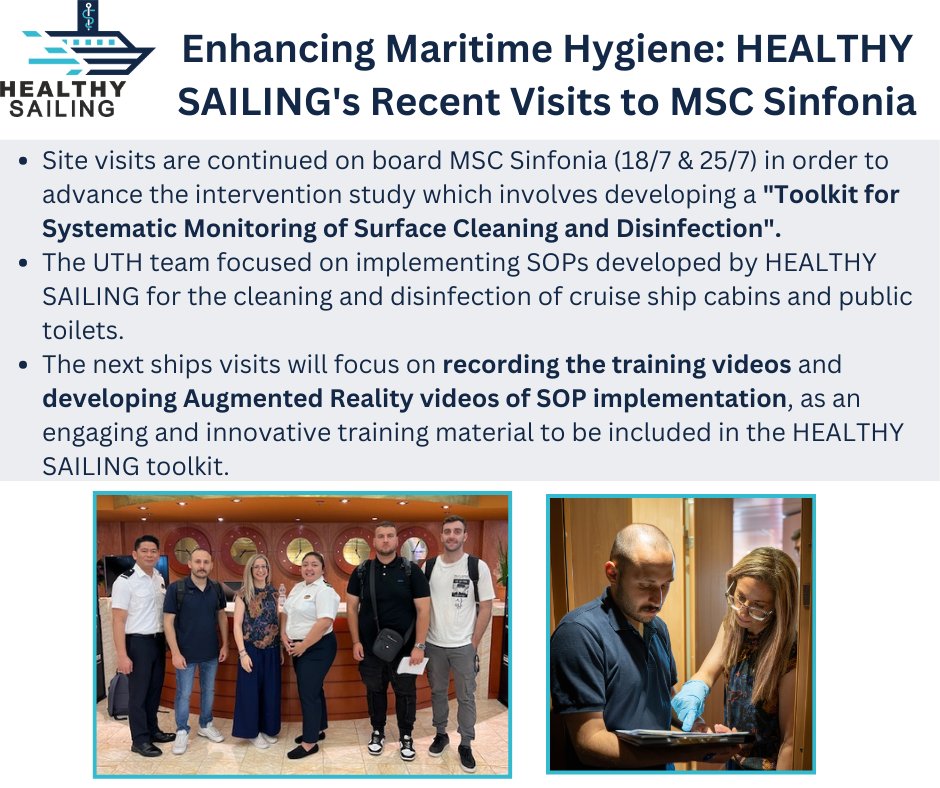 healthy_sailing's tweet photo. 🆕 🛳 The HEALTHY SAILING team conducts weekly visits on the MSC Sinfonia in Piraeus port with the #mission to advance an intervention study, which involves developing a "Toolkit for Systematic Monitoring of Surface Cleaning and Disinfection" to enhance onboard hygiene practices. https://t.co/53i14Ax8LB