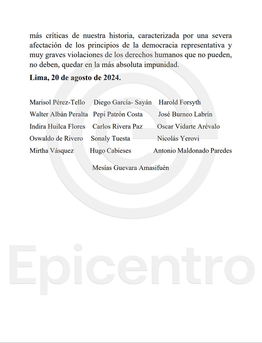Epicentro_TV's tweet photo. #Atención: Dina Boluarte y otra autoridades han sido denunciadas ante la #CortePenalInternacional  por las muertes ocurridas en la represión de las protestas en contra del gobierno. La denuncia ha sido radicada ante la CPI por 16 ciudadanos peruanos entre quienes se encuentran los ex ministros Marisol Pérez Tello, Walter Albán, Mirtha Vásquez y Diego García Sayán, el ex procurador Antonio Maldonado, el ex embajador Harold Forsyth y otras personalidades nacionales.  Piden “que se abra una investigación y se llegue hasta las últimas consecuencias, incluyendo las medidas cautelares a que haya lugar”.