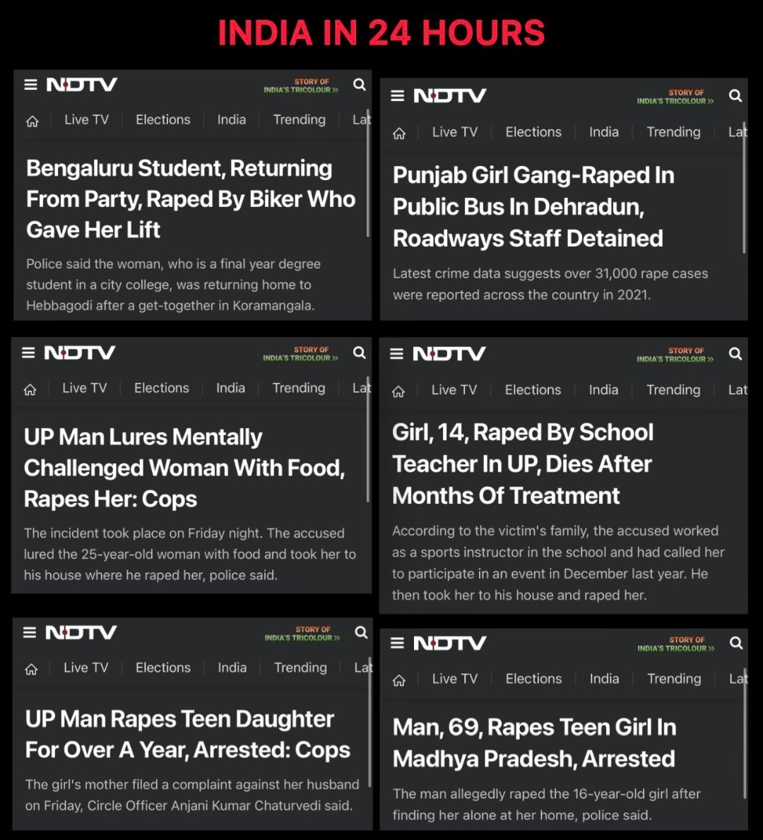As we wait for #JusticeForAbhaya, this is what's going on in the rest of #India. A mere glimpse of events in the last 24 hours. We demand #JusticeForAll . #fuckpatriarchy #rapeculture #SocialJustice #violenceagainstwomen #WeWantJustice #weareinthistogether 
P.C.: <a href="/dhruv_rathee/">Dhruv Rathee</a>