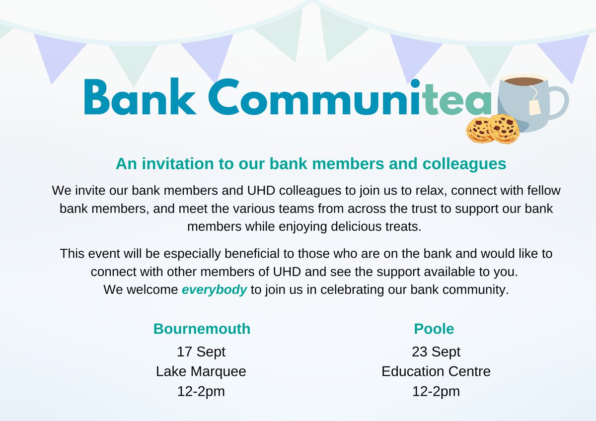 🎉 We’re back! 🥳

 Bank CommuniTea returns for 2024 after last year's success. 

Join us to celebrate what all our bank members and UHD teams do. ☕️

 Drop in, chat with senior leads, and explore the support available aty UHD. 

See you there! 👋

 #BankCommuniTea #TeamUHD