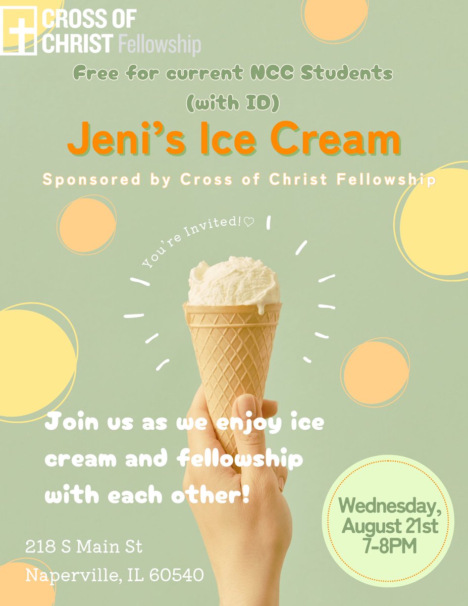 CCFNaperville's tweet photo. North Central College Students! Join us Wednesday 8/21 at 7-8 at @jenisicecreams in downtown Naperville. Free for current @northcentralcol students. @NCCInvolvement #college #Naperville https://t.co/eJEcC3NKRf