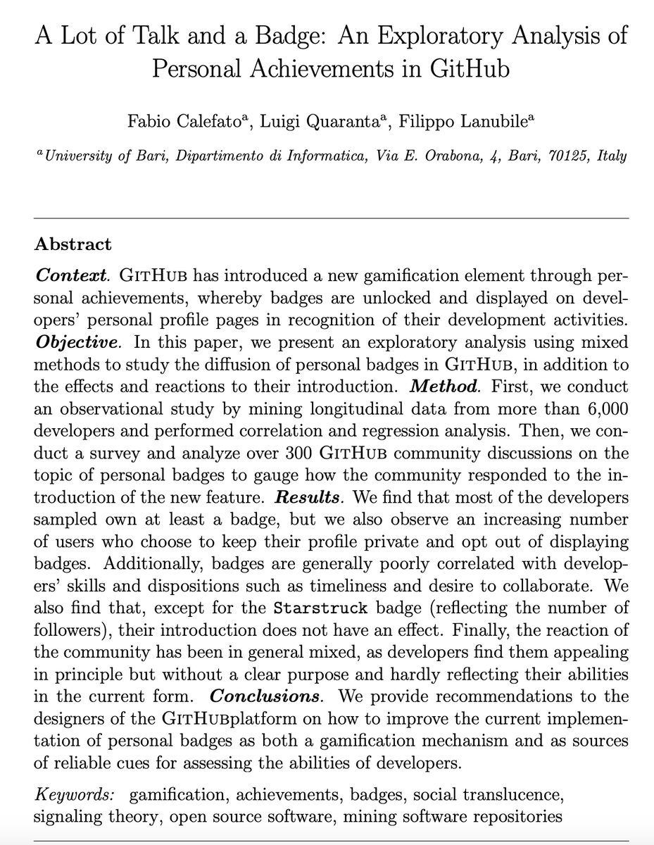 Our paper "A Lot of Talk and a Badge: An Exploratory Analysis of Personal Achievements in #GitHub" has been accepted for publication in Information and Software Technology (<a href="/ISTJrnal/">IST Journal</a> ). Preprint available on ArXiv: arxiv.org/abs/2303.14702 🧵