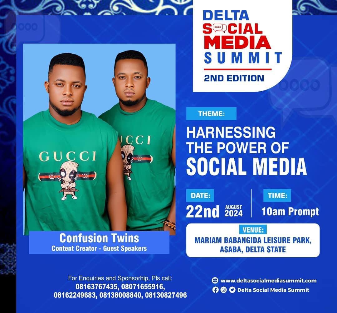 ossaiovie's tweet photo. This Thursday, Content Creators Confusion Twins will be speaking at the Delta Social Media Summit Second Edition holding this week Thursday Aug 22nd at the Mariam Babangida Leisure Park in Asaba.
#DeltaSocialMediaSummit https://t.co/tqOHphYKXV