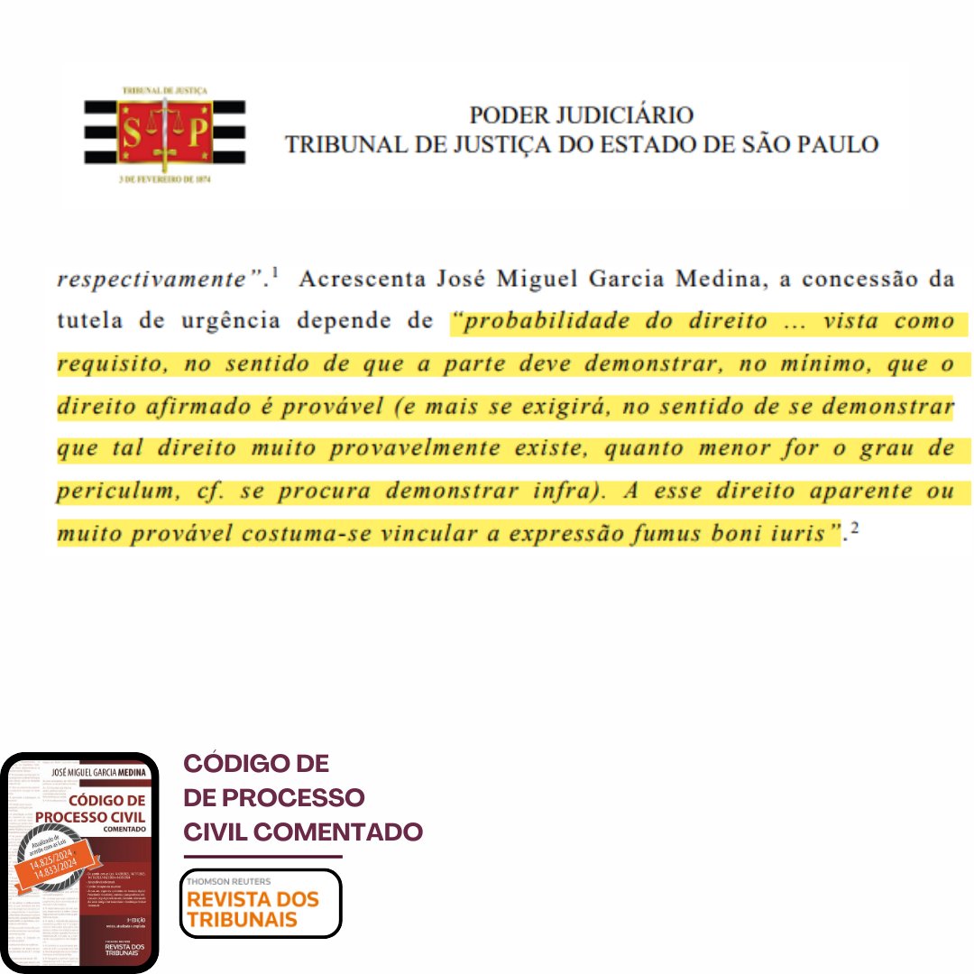 CPCComentado's tweet photo. A concessão da tutela de urgência depende da probabilidade do direito, entendida como um requisito essencial, em que a parte deve demonstrar, no mínimo, que o direito alegado é provável, sendo que, quanto menor for o grau de periculum, maior será a exigência de demonstrar [...] https://t.co/rl8Rpush41