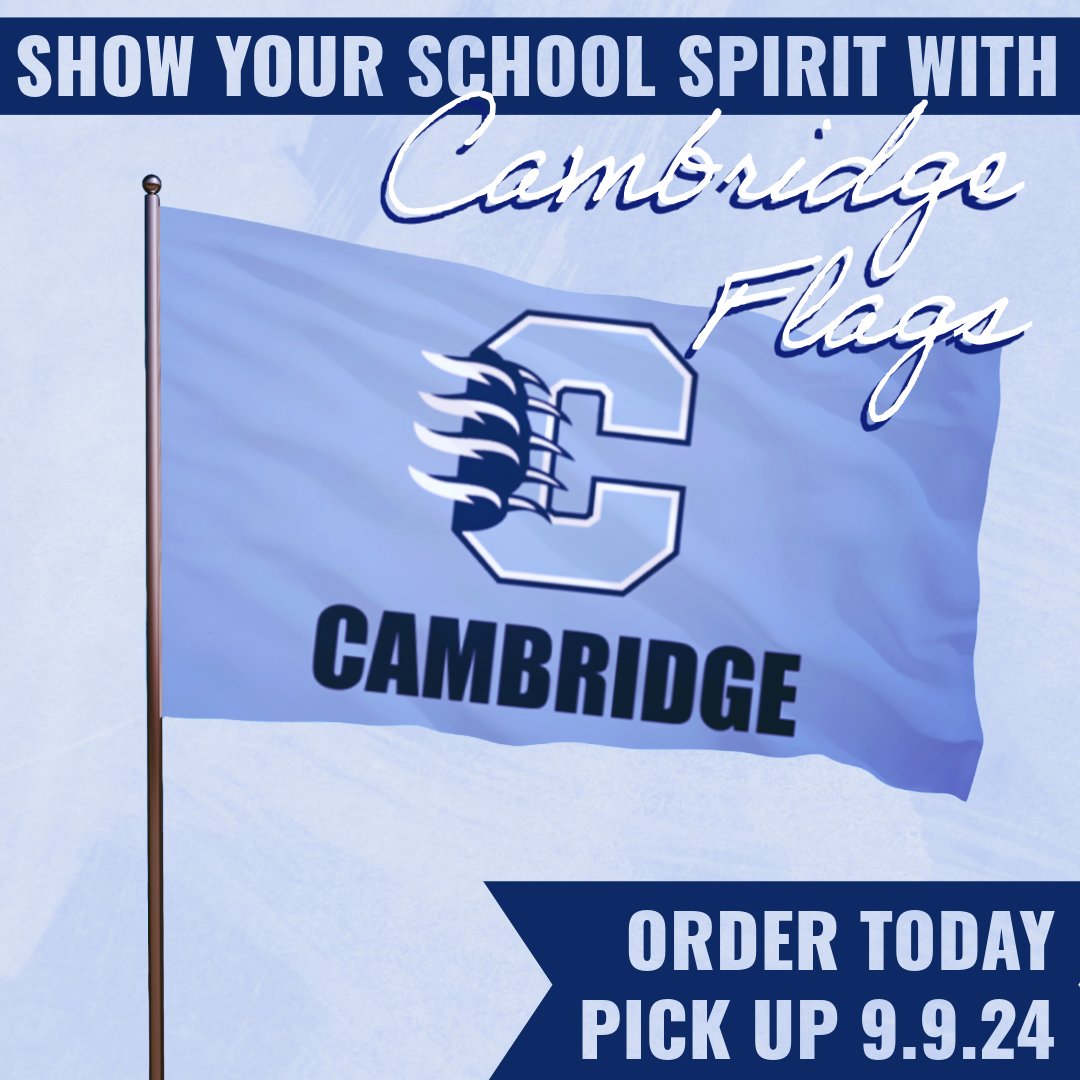 Show your school spirit throughout the community. purchase your Cambridge Flag today! 
Pick up Monday, 9/9 at the Homecoming JamBEARee parade &amp; festival and Friday, 9/13 at the Varsity Football game.

Limited quantities, so order today!

cambridgeflags.spiritsale.com