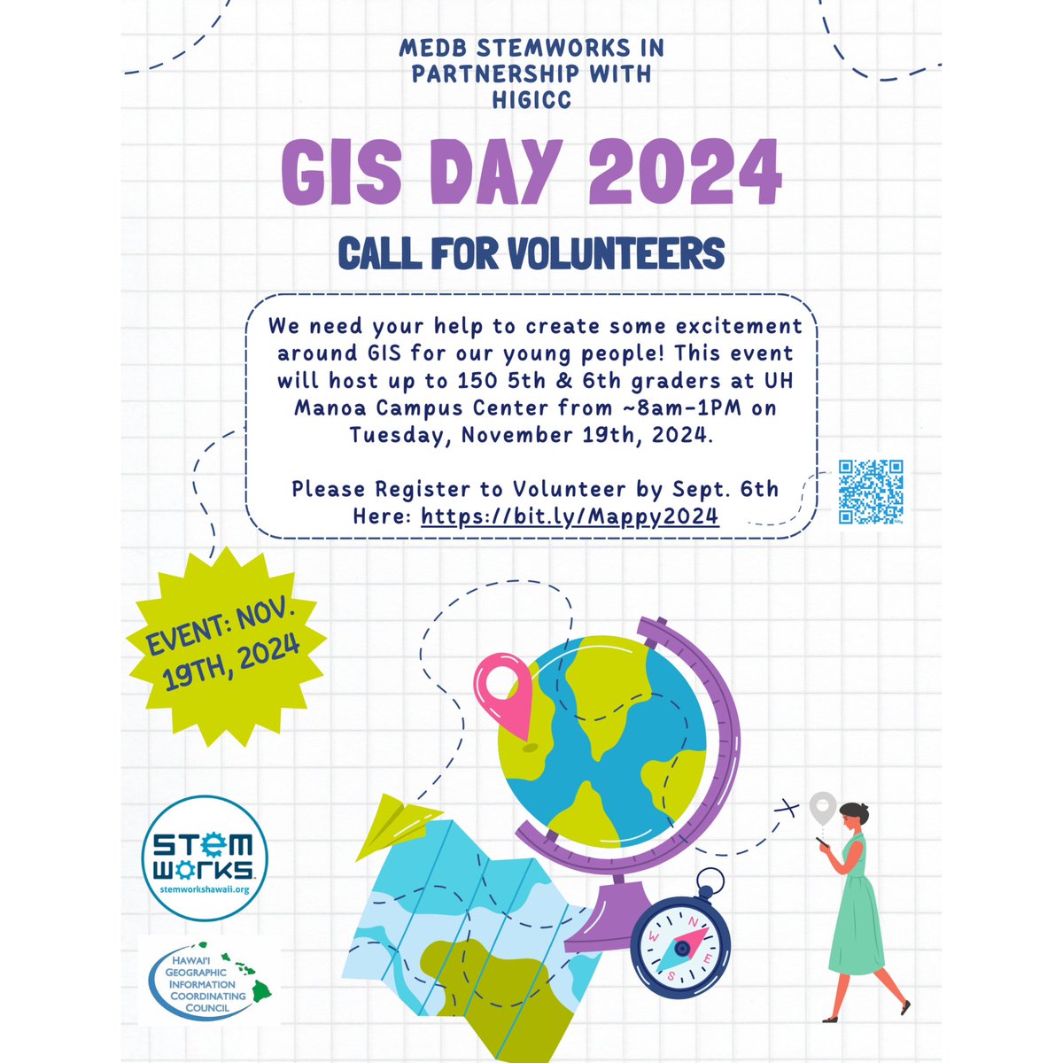Calling for volunteers for MEDB STEMworks’ GIS Day 2024 in partnership with HIGICC!

Tuesday, November 19th, 2024, from approximately 8am - 1pm (a more specific time will be provided as we get closer to the event). Lunch will be provided. 

Volunteer form. bit.ly/Mappy2024