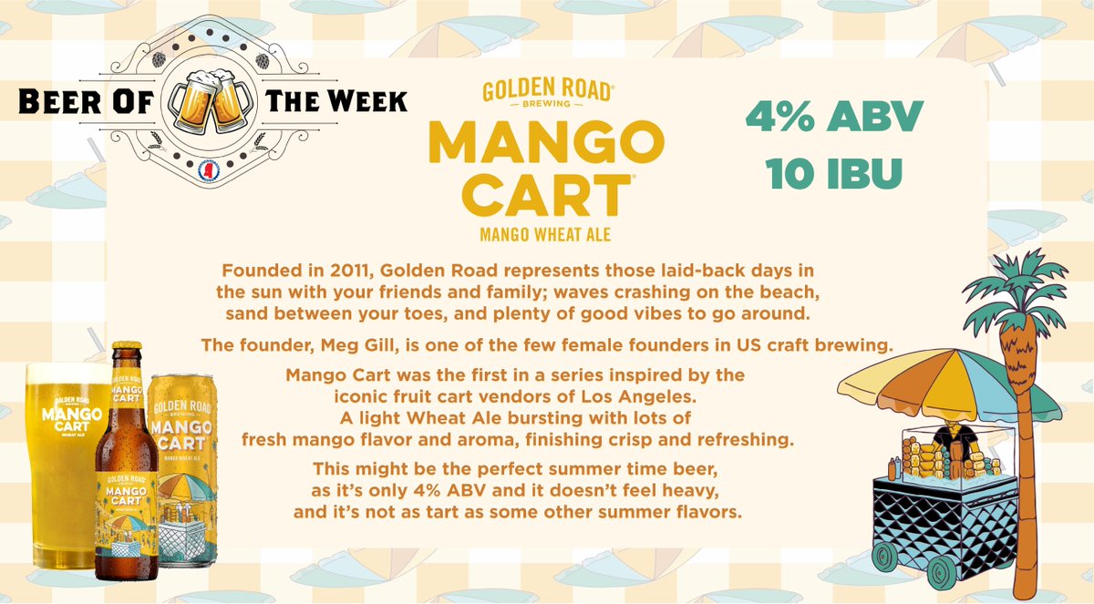 Quench your thirst with our Beer of the Week, Mango Cart 🍻🥭 A deliciously refreshing brew perfect for summer sipping. #MangoCart #BeerOfTheWeek #SummerSipping