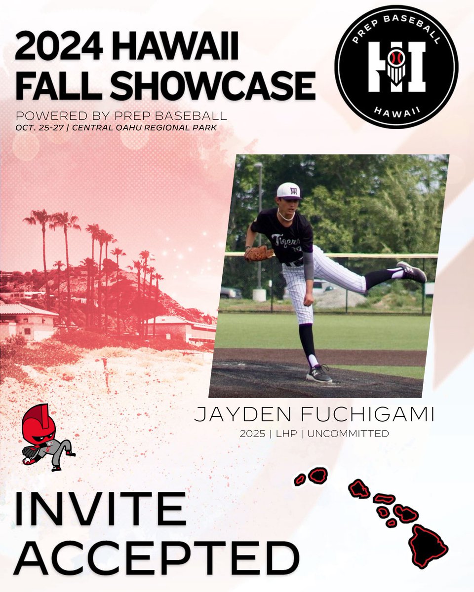 PrepBaseballHI's tweet photo. 𝐈𝐍𝐕𝐈𝐓𝐄 𝐀𝐂𝐂𝐄𝐏𝐓𝐄𝐃✅

'25 LHP Jayden Fuchigami (Maryknoll) has accepted his invite to the 2024 Hawaii Fall Showcase. Fuchigami is the 32nd-ranked prospect in Hawaii's 2025 class.

Request an Invite➡️ https://t.co/2wa7anFHW4

@FuchigamiJayden | @HIFallShowcase https://t.co/eII3LXTBPe