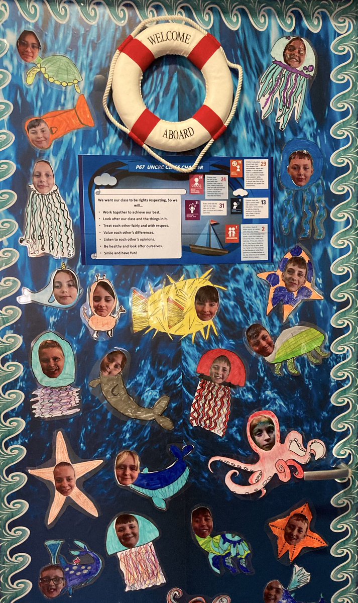Primary 6&amp;7 have created a sea themed class charter based around the #UNCRC on our door🐠🌊🐬🐡🐳<a href="/UNICEF_uk/">UNICEF UK</a>