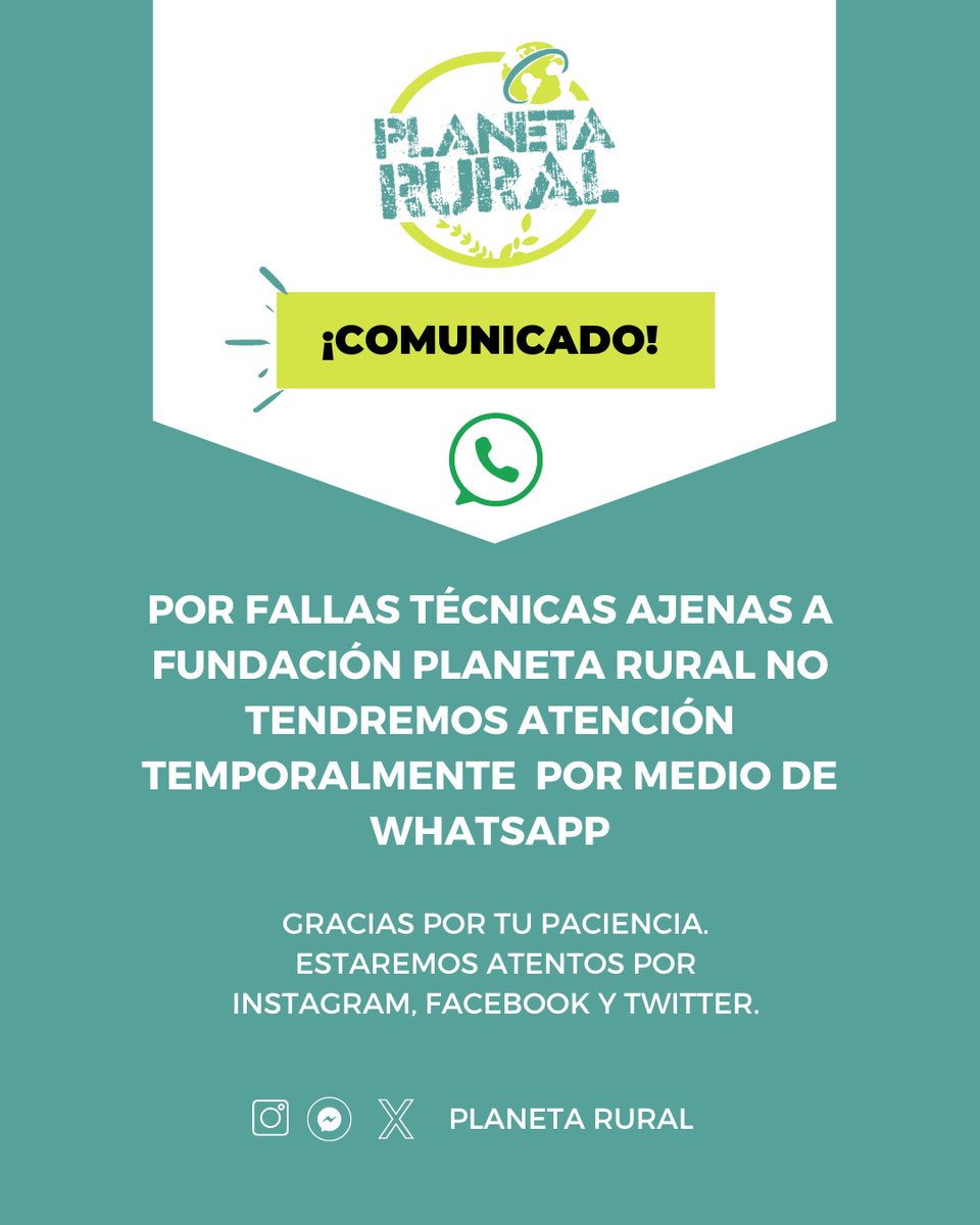 📢 Comunidad Planetaria 🌎

Queremos informarles que nuestro servicio de WhatsApp no se encuentra disponible temporalmente por problemas técnicos. Pedimos su comprensión y paciencia mientras trabajamos para resolverlo. 🌱Les invitamos a contactarnos a través de nuestras redes.