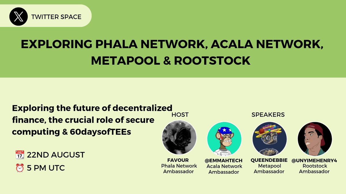 official_bles1's tweet photo. Hey #PhalaPham, #AcalaCommunity, #Metapoolers and #RootstockCommunity! ๐
Let's connect on a Twitter Space to discuss the latest developments and opportunities within our ecosystems! Join us for an interactive session with insights from all three projects.
๐๏ธ August 22nd
โฐ 5 PM UTC
See you there!
