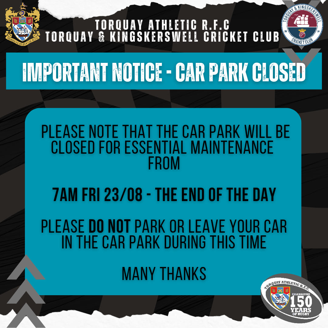 Torquay Rugby Club (@torquayrfc) on Twitter photo ‼️IMPORTANT NOTICE‼️
Regarding the car park at Torquay Rugby Club and <a href="/TorquayCricket/">Torquay Cricket Club</a>
The car park will be closed from 7am Friday 23rd August until the end of the day for tarmacking to take place.
Please DO NOT park or leave your car in the car park during this period ‼️IMPORTANT NOTICE‼️
Regarding the car park at Torquay Rugby Club and <a href="/TorquayCricket/">Torquay Cricket Club</a>
The car park will be closed from 7am Friday 23rd August until the end of the day for tarmacking to take place.
Please DO NOT park or leave your car in the car park during this period