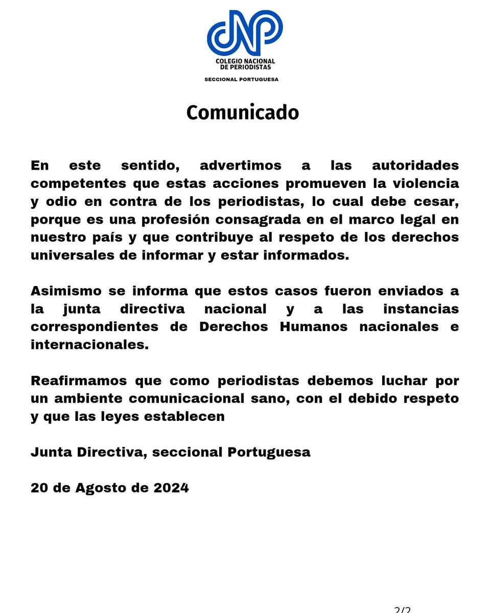 Comunicado a la Opinión Pública 
Seccional Portuguesa 
<a href="/cnpven/">cnpven</a> 

#periodismo #cnp #Portuguesa