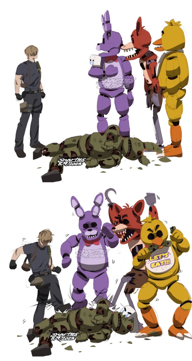 Snartles's tweet photo. 3rd part to my fnaf x resident evil comic from last year https://t.co/HRsC2FbWCJ