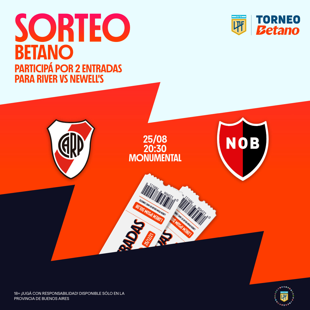 SORTEAMOS 2 ENTRADAS PARA RIVER-NEWELLS el Domingo 25/08 con
<a href="/Betano_arg/">Betano Argentina</a>
Requisitos: -Ser hincha de River -Seguir esta cuenta y la de Betano -Darle RT y Like a la publicacion! El ganador debera retirar las entradas el viernes en Pto Madero entre las 15 y 17 hs (sin excepción).