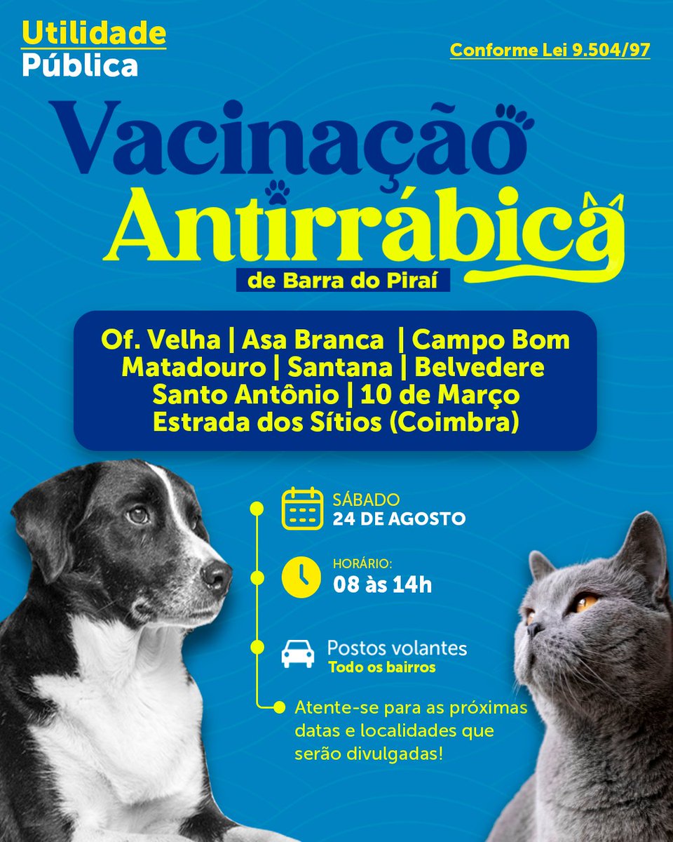 pmbpoficial's tweet photo. UTILIDADE PÚBLICA

A Secretaria Municipal de Saúde, através do Departamento de Vigilância em Saúde, informa que nesta sábado, 24, realizará mais um dia da Vacinação Antirrábica. https://t.co/mYeWVMBmY9