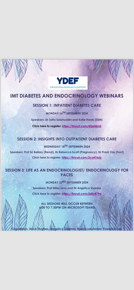 Young Diabetologists and Endocrinologistsâ Forum (@youngdiabendo) on Twitter photo Coming soon- YDEF IMT webinar series!
We are thrilled to announce our new series for IMTs thinking about D&E or just wanting some D&E related MRCP revision. See below poster for info/dates and comments for links to register.
<a href="/FlorenceLee15/">Dr Florence Lee</a> <a href="/Angelica_Sharma/">Angelica.</a> <a href="/rama_lakshman1/">Rama Lakshman</a> Coming soon- YDEF IMT webinar series!
We are thrilled to announce our new series for IMTs thinking about D&E or just wanting some D&E related MRCP revision. See below poster for info/dates and comments for links to register.
<a href="/FlorenceLee15/">Dr Florence Lee</a> <a href="/Angelica_Sharma/">Angelica.</a> <a href="/rama_lakshman1/">Rama Lakshman</a>