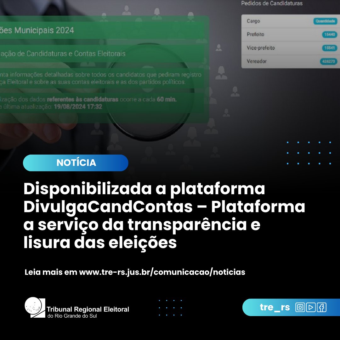 Disponibilizada a plataforma DivulgaCandContas – Plataforma a serviço da transparência e lisura das eleições

📲 Leia a matéria na íntegra: encurtador.com.br/l453X