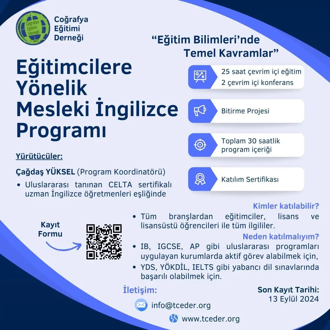 TCED2017's tweet image. CED koordinesinde &quot;Eğitimcilere Yönelik Mesleki İngilizce Programı - Eğitim Bilimleri&apos;nde Temel Kavramlar&quot; 25 saat çevrim içi eğitim, 2 çevrimiçi konferans ve bitirme projesi ile toplam 30 saatlik program içeriğini kapsamaktadır.Kayıt formuna ulaşmak için forms.gle/xfQV3bnjb79Jmi…