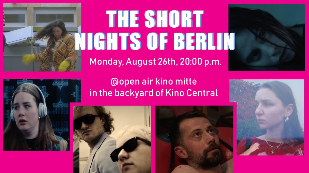 26.8.24 20.00h The Short Nights of Berlin
Humanica : S. M. Lindwede
Gummiboot : M. Gerber
The Contra &amp; Pro of Rocket Launch Aborts : R. Fuhrmann
Low Tech Mind Control : S. Canavese
Backyards with People : R. Haddad, C. Callec
BVG Magic Story : W. Casas
kino-central.de/shortnightsofb…