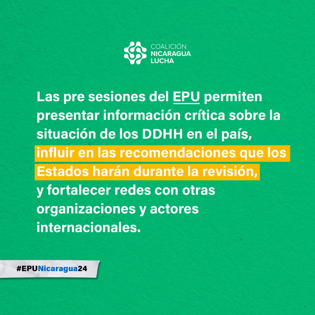[Rumbo al #EPUNicaragua24]

Para las personas defensoras de #DerechosHumanos, sus organizaciones, víctimas del régimen autoritario que gobierna el país, PARTICIPAR en las pre-sesiones del Examen Periódico Universal #EPU 🇺🇳 ES CRUCIAL.

¡Acompáñanos a #SacarLaVoz por #Nicaragua!