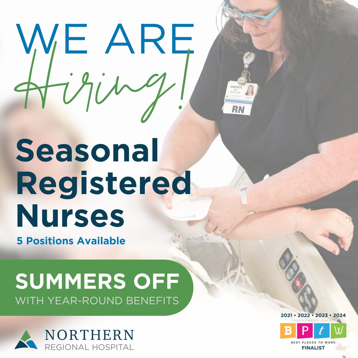 We are seeking RNs with Critical Care experience for seasonal positions, which will run from September through May.  Seasonal staff will work 9 months, receive 9 months of pay, and 12-months of full-time benefits. Visit choosenorthern.org/careers to learn more and apply! 📲