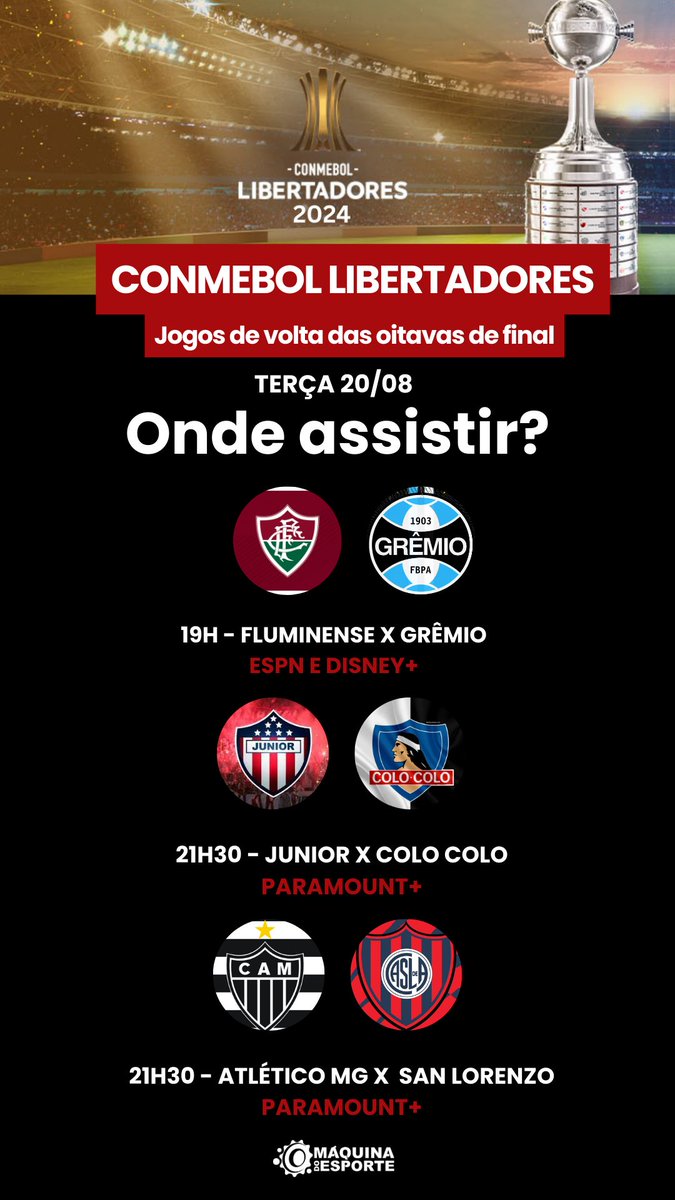 Muita bola rolando hoje (20)! ⚽️

As disputas de volta da #CopaSudamericana e da #Libertadores começa hoje. Saiba onde assistir: 

19H
 #Fluminense x #Grêmio
 #Racing x #Huachipato 
21H30 
#Corinthians x #Bragantino
#Junior x #ColoColo 
#AtleticoMineiro x #SanLorenzo