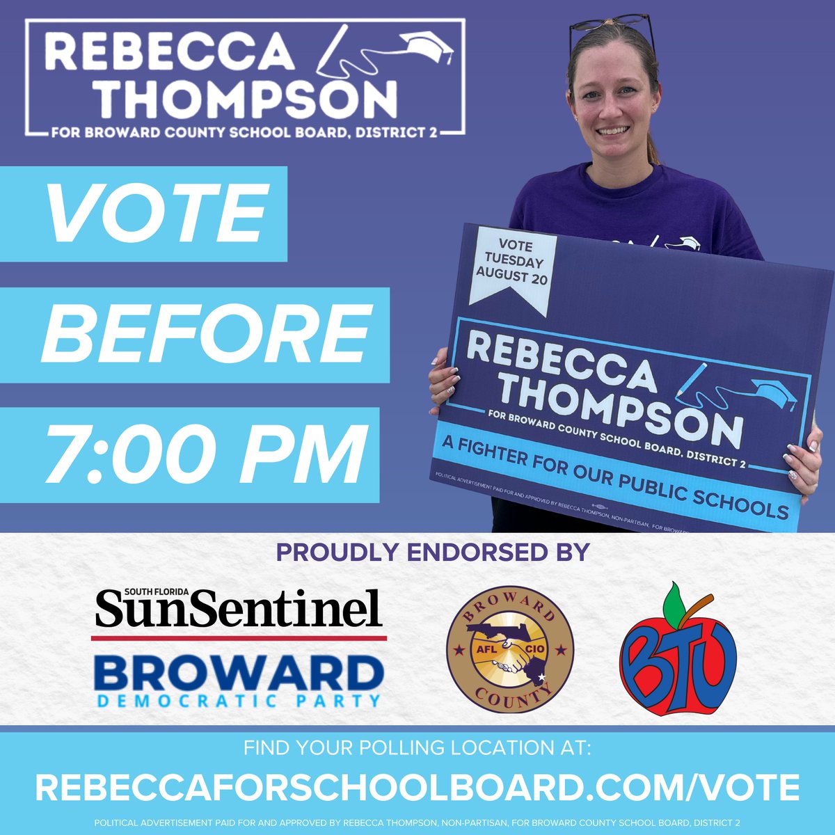 🚨 VOTE BEFORE 7:00 PM!

Don't forget to vote for Rebecca Thompson, running for School Board District 2.

Find your polling location at rebeccaforschoolboard.com/vote