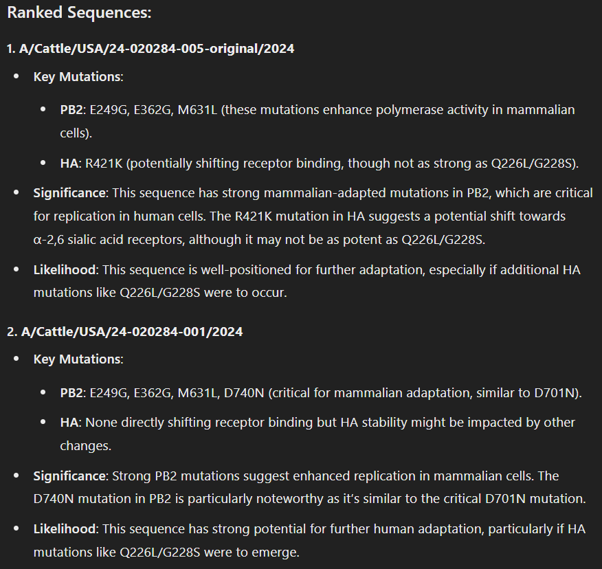 zer0int1's tweet photo. The #GPT4o has picked its favorite H5N1 pandemic candidates from #nextstrain sequences.
Now I'll have to monitor these for something to emerge from them to find out if #AI will be proven right or wrong in the future, hehe.
You can have fun even with a bad thing, thanks to AI!🙃 https://t.co/dBV1W2BIcL