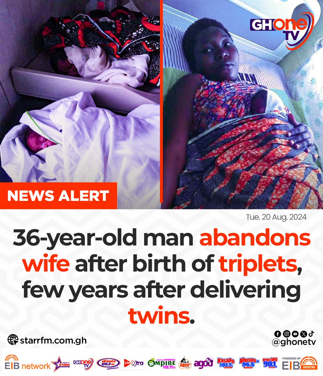 ghonetv's tweet photo. Samuel Boateng, a barber, has reportedly abandoned his wife, Gloria Teye, after she gave birth to all male triplets a few years after delivering twins. "My husband left the hospital after the nurse informed him that I had given birth to triplets. We tried to call him several times, but he did not answer", she recounted. 

This new set of triplets brings the couple's total number of children to seven, including a pair of twins and two other children... 

#GHOneNews #GHOneTV