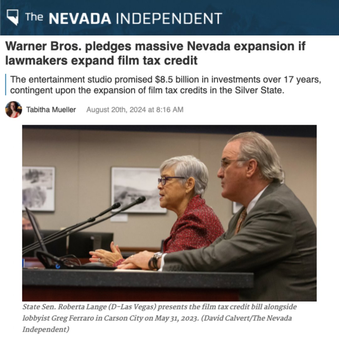 TheFerraroGroup's tweet image. Warner Bros. Discovery has pledged a massive Nevada expansion, contingent upon lawmakers expanding film tax credits. In partnership with UNLV and Birtcher Development, the studio would commit $8.5 billion in investments over 17 years. To learn more, visit bit.ly/3YZ4f3Q.