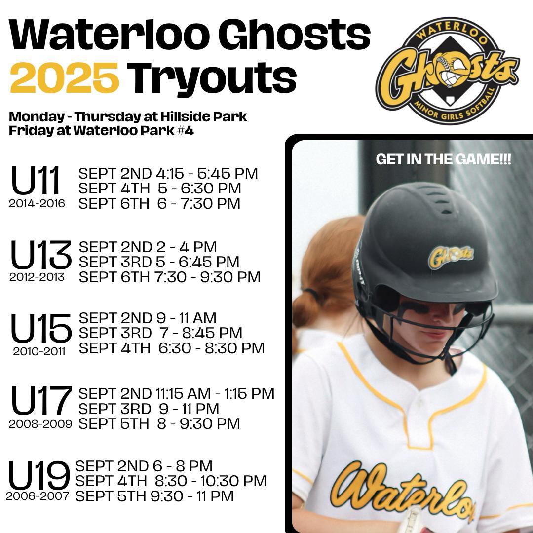WATERLOO GHOSTS' REP TRYOUTS FOR 2025 TEAMS START ON LABOUR DAY IN THE U11, U13, U15, U17, &amp; U19 DIVISIONS! WHY NOT JOIN THE FUN &amp; GET IN THE GAME??!!!   Pre-register @ wmgsa.com