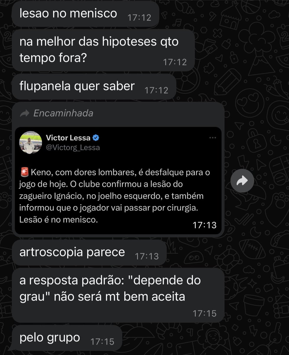 radioativa__'s tweet photo. As vezes eu tenho certeza que meu marido só casou comigo  porque sou médica e ele acha que tenho capacidade pra adivinhar quanto tempo o jogador vai ficar fora quando se machuca https://t.co/rwoIqhb9Yh
