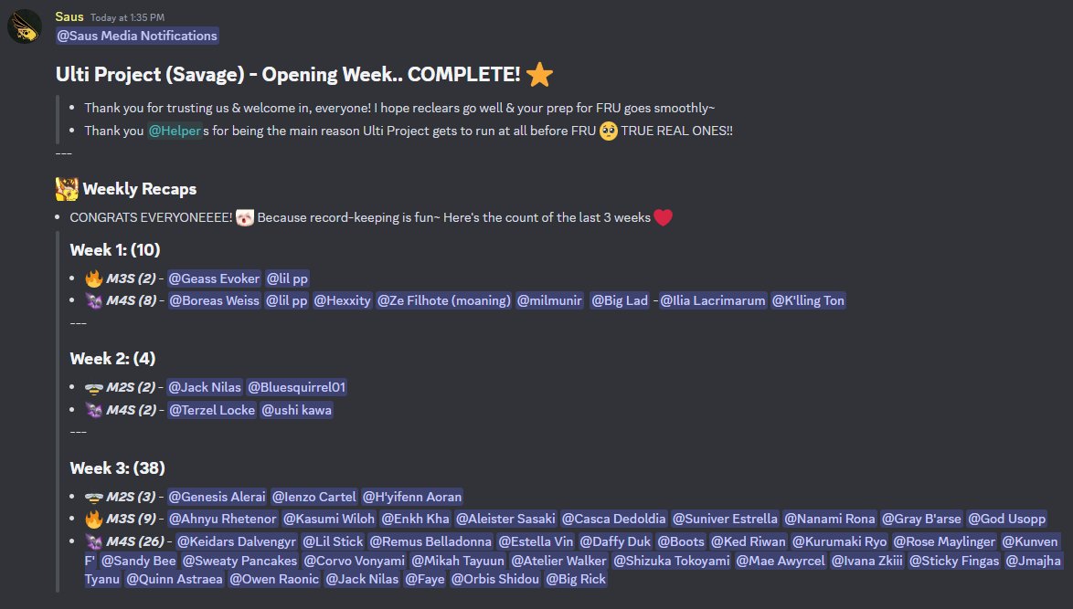 sausoftheroll's tweet photo. #FFXIV Ulti Project (Savage)'s opening week.. COMPLETE! ⭐️ We'll be open until right before FRU ok?!

CONGRATS to the 38 gamers of WEEK 3! 🥳 Ty for trusting us! &amp; huge ty to the homie helpers for pulling up!

Quick weekly recaps of Week 1-3 below https://t.co/L7Ldxq4FtM