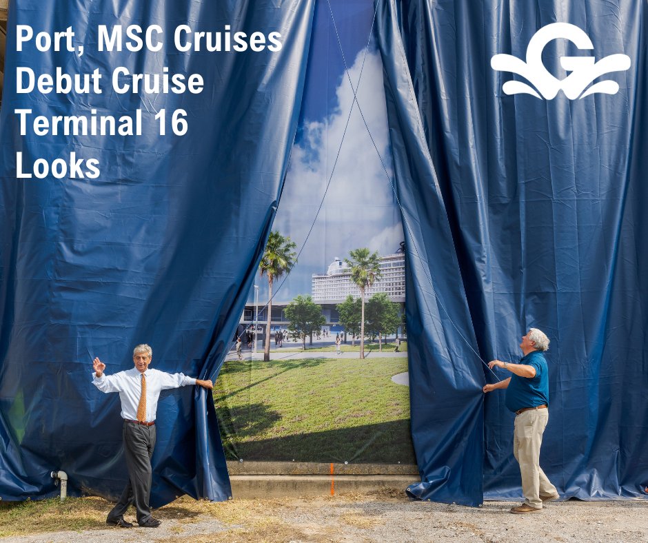 Rick Sasso, <a href="/MSCCruisesUSA/">MSC Cruises (USA)</a> chair, &amp; Rodger Rees, Galveston Wharves port director/CEO, debut a CT 16 rendering before a crowd of more than 150 at the port’s groundbreaking ceremony Aug. 20. portofgalveston.com/CivicAlerts.as… #cruisegalveston #msccruises