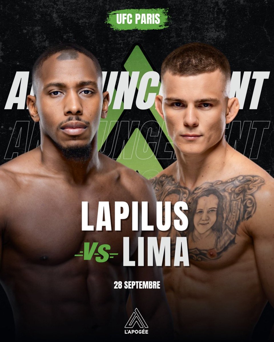 LAPOGEEMMA's tweet photo. 🚨🚨 TAYLOR LAPILUS A ENFIN SON ADVERSAIRE POUR PARIS LE 28 SEPTEMBRE !!!

Taylor Lapilus (20-4-0) 🇫🇷 sera donc sur la carte pour Paris face à Felipe Lima (13-1-0) 🇧🇷 ! 

🗞️ RMC Sport Combat 

#ufc #ufcparis #taylorlapilus #felipelima #mma #mmafighter #mixmartialarts https://t.co/pQZPGmhchY