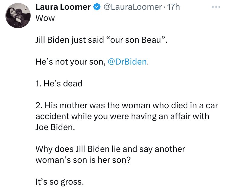 Neilia Biden died in a tragic car accident in 1972.
Jill did not meet Joe until they were introduced by Joe’s brother in 1975.

They were married in 1977 when Beau was six, and he called Jill, Mom. 

You are a horrid, lying, excuse for a human. 
#WeirdLauraLoser