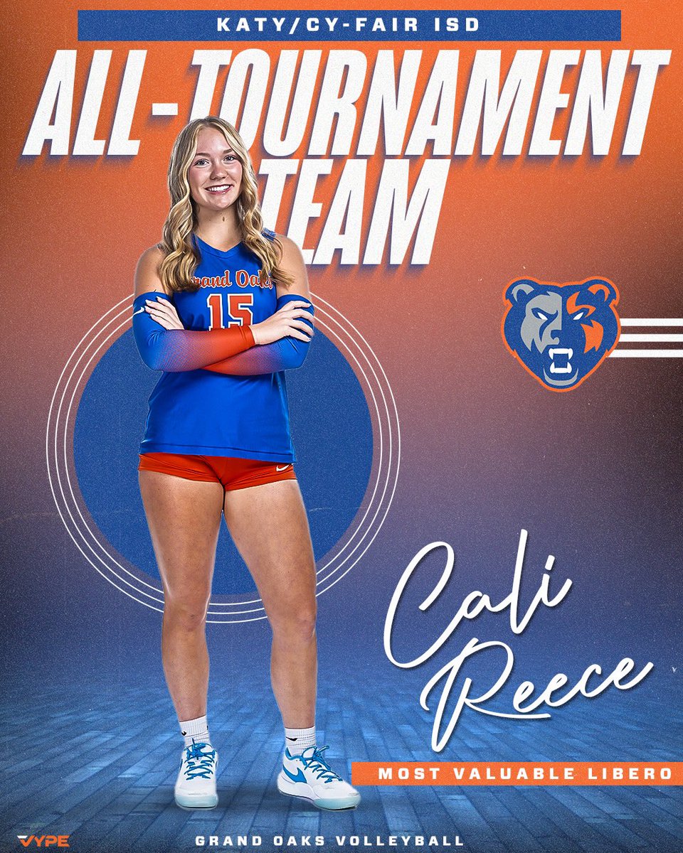 Congratulations to Cali Reece (Jr) for being named as the Most Valuable Libero of the Katy/Cy-Fair ISD Tournament! What an honor and much deserved recognition for her back row leadership &amp; play! 🐻🏐
