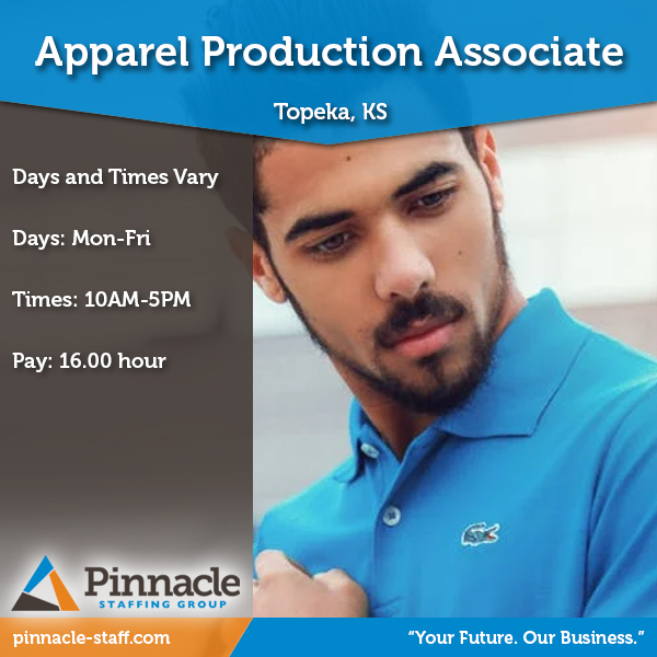 pinnaclegroups's tweet image. We're searching for an Apparel Production Associate in Topeka!  Apply in person today!

923 SW Fairlawn Rd.
Ste 161
Topeka, KS 66606
785.422.8111

#topekajobs #topekaksjobs #appareljobs #productionjobs #applynow #nowhiring