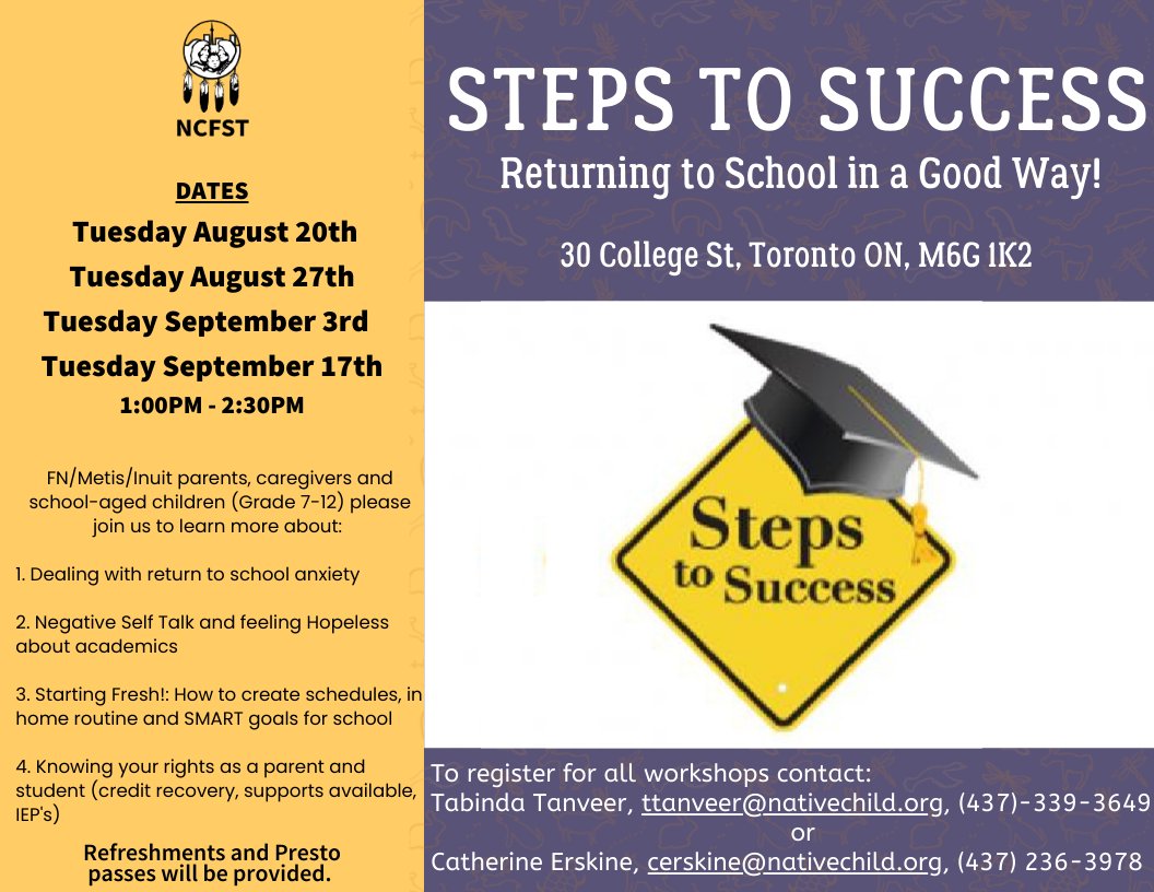 NCFST's tweet image. FN/Metis/Inuit parents, caregivers, and school-aged children (Grade 7-12) are welcome to join us at 30 College to learn more about returning to school in a good way.

#NCFST #NativeChild #Toronto