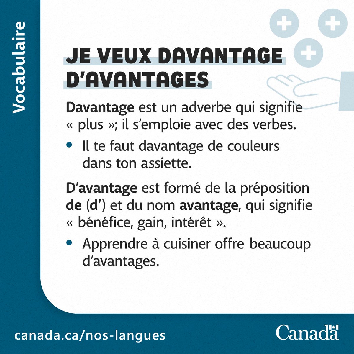 Nos_langues's tweet photo. On confond souvent les #homonymes «d'avantage» et «davantage». On aurait avantage à se rappeler que si l'on veut dire «plus», il faut écrire «davantage», et que s'il est question de bénéfices, il faut parler «d'avantages» avec l'apostrophe! https://t.co/ZXt9MPFPmS https://t.co/JT31rMySZa