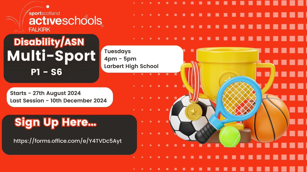 📢ASN/Disability Multi-Sport📢

Come and try a variety of different sports activities whilst having fun and making new friends! 

🏸🏏🔴⚪️🔵🏀⚽️🎾🏹🥌

⏲️4pm - 5pm
📅27th August '24
🏦Larbert High School
✉️forms.office.com/e/Y4TVDc5Ayt⬇️
