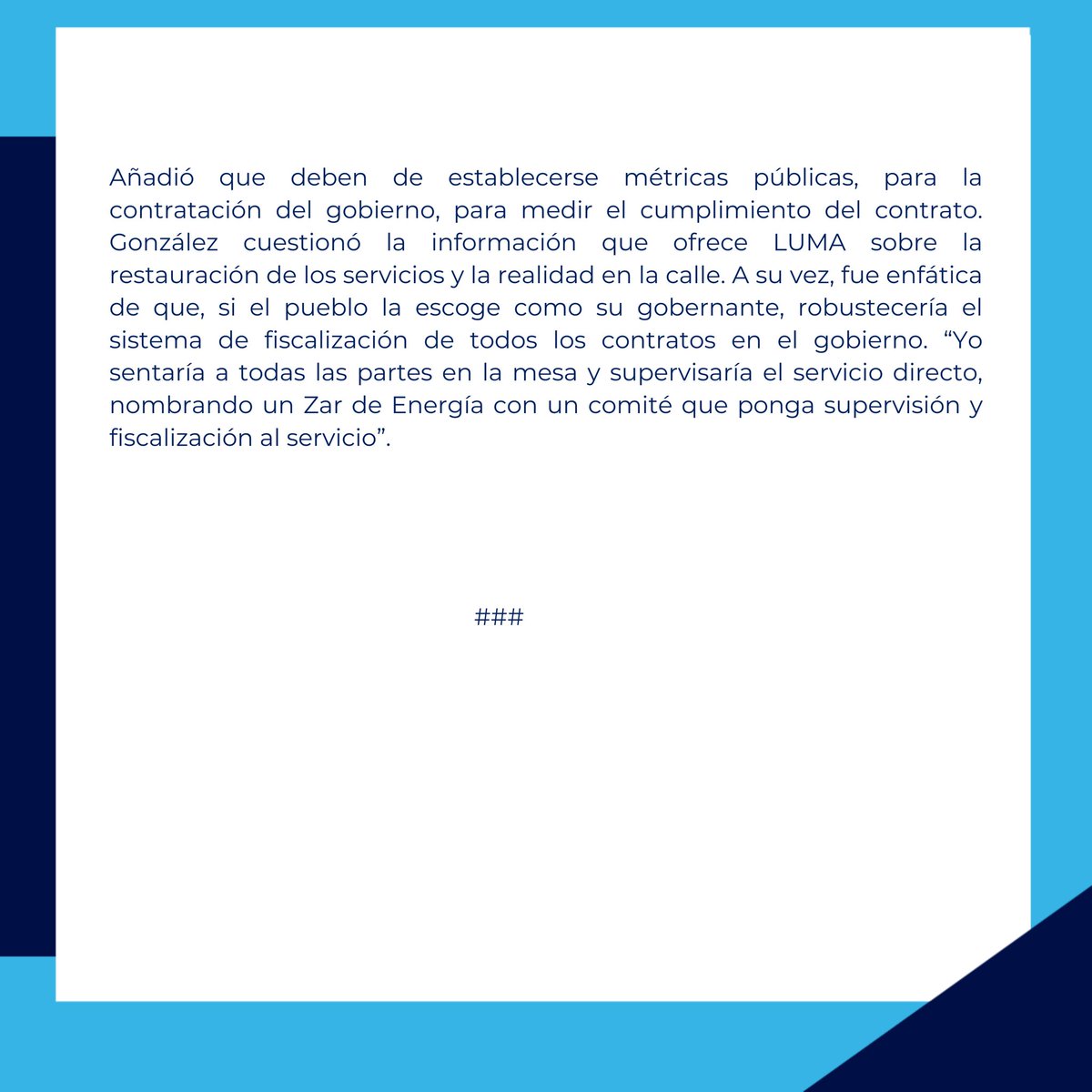 JGO_2024's tweet photo. Comunicado de Prensa | Jenniffer González: “Yo eliminaría el contrato de LUMA hoy mismo, pero hay que ser más responsable que eso; por lo que al llegar a Fortaleza nombraré un Zar de Energía con un equipo de trabajo que fiscalice y canalice ese contrato”

Adelanta plan de fiscalización de contratos en el gobierno