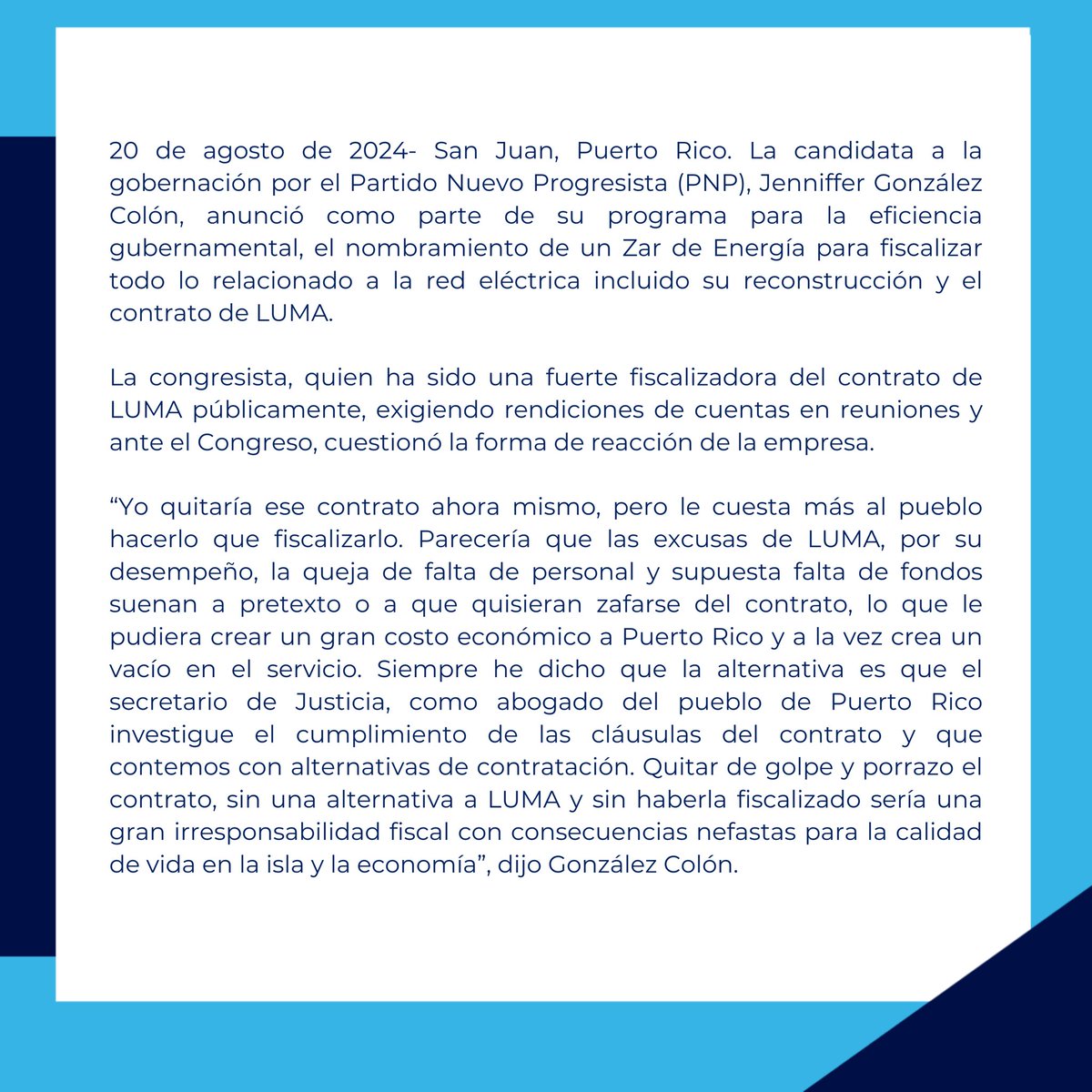 JGO_2024's tweet photo. Comunicado de Prensa | Jenniffer González: “Yo eliminaría el contrato de LUMA hoy mismo, pero hay que ser más responsable que eso; por lo que al llegar a Fortaleza nombraré un Zar de Energía con un equipo de trabajo que fiscalice y canalice ese contrato”

Adelanta plan de fiscalización de contratos en el gobierno