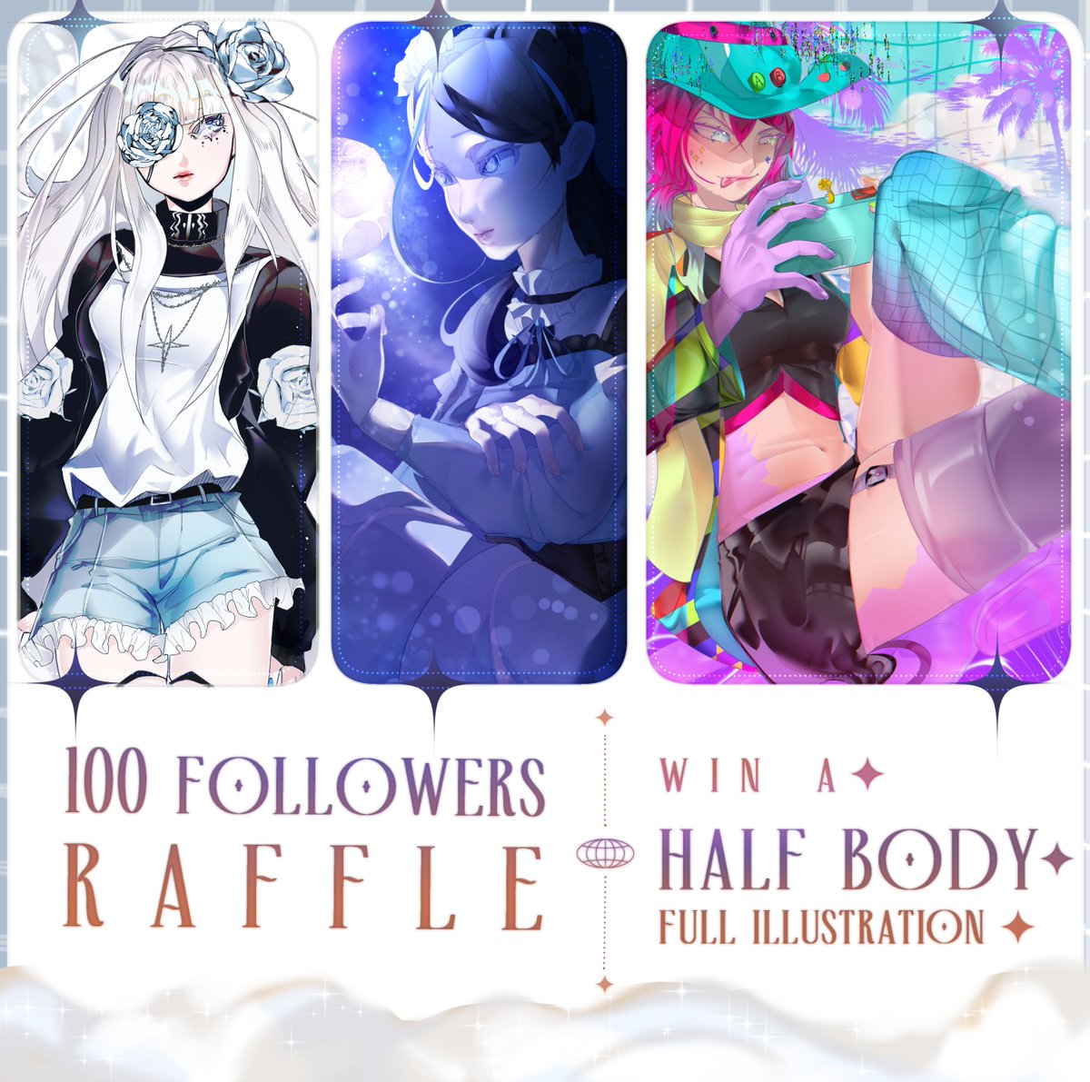 ☁️🐑 100 Followers raffle ☁️🐑 

Thank you guys so much for the 100 followers!!

✨ How to enter 
- Follow me
- RT 🔃 + Like❤️ this post
- Comment your oc with as many references as possible!

Winner will be chosen randomly on the 10th of September ! GL ! 🐑

#raffle #artraffle